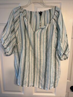 Talbots White, Light Blue & Green Striped V-Neck Linen Peasant Tunic